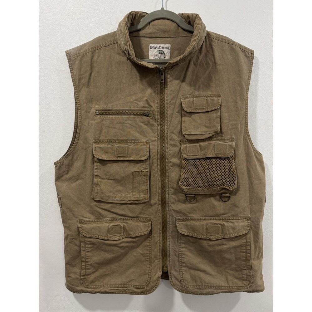 Vintage Banana Republic Safari Vest Men Medium Beige Photographer Fishing Hiking